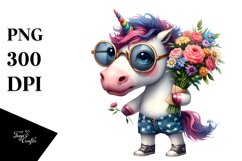 Unicorn in Sunglasses Holding Flower Bouquet | Clipart Product Image 3