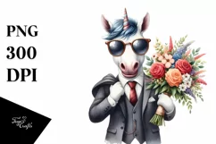 Unicorn in Sunglasses Holding Flower Bouquet | Clipart Product Image 1