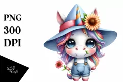 Watercolor Baby Unicorn with Hat and Flower Product Image 1