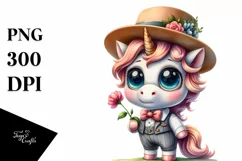 Watercolor Baby Unicorn with Hat and Flower Product Image 1
