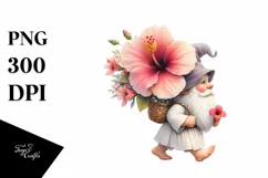 Gnome with Hibiscus Bouquet Watercolor Clipart Product Image 1
