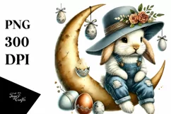 Bunny on Vintage Hat on Moon PNG Product Image 1
