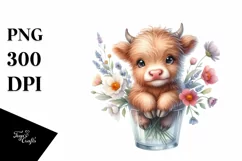 Cute Highland Cow Smiling in Flowers Watercolor Product Image 3