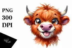 Watercolor Simple Funny Baby Face with Highland Cow PNG Product Image 3