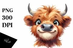 Watercolor Simple Funny Baby Face with Highland Cow PNG Product Image 3