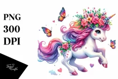 cute Unicorn Running with Floral Wreath PNG Product Image 1