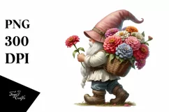 Gnome with Zinnia Bouquet Digital Painting Clipart Product Image 1