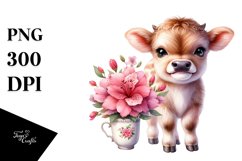 Cute Baby Highland Cow with Azalea, Transparent PNG Product Image 1