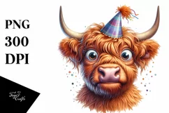 Cow Watercolor Highland Cow with Party Hat | Sublimation Product Image 1