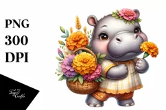 Whimsical Baby Hippo with Flower Basket | Clipart Product Image 3