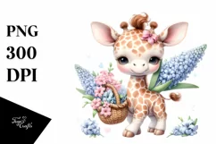 Whimsical Baby Giraffe with Flower Basket | Clipart Product Image 1
