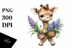 Whimsical Baby Giraffe with Flower Basket | Clipart Product Image 1