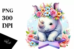 Cute Rhino with Flower Crown PNG Product Image 1