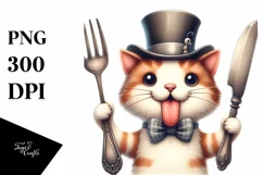 Cat Holding Fork and Knife Showing Tongue | Sublimation | Product Image 1