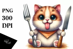 Cat Holding Fork and Knife Showing Tongue | Sublimation | Product Image 1