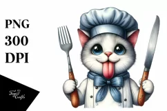 Cat Holding Fork and Knife Showing Tongue | Sublimation | Product Image 3