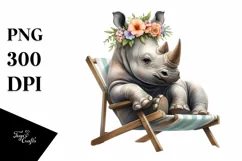 Watercolor Young Rhino Sitting on Beach Cahir Clipart Product Image 3