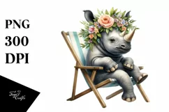 Watercolor Young Rhino Sitting on Beach Cahir Clipart Product Image 3