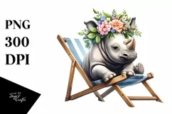 Watercolor Young Rhino Sitting on Beach Cahir Clipart Product Image 3