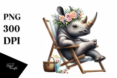 Watercolor Young Rhino Sitting on Beach Cahir Clipart Product Image 1