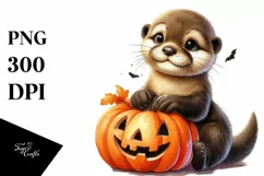 Cute Baby Otter Holding Pumpkin PNG Product Image 3