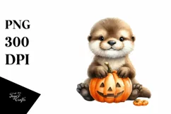 Cute Baby Otter Holding Pumpkin PNG Product Image 1