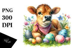 Digital Watercolor Baby Cow PNG Product Image 1