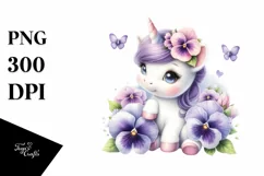 Cute Baby Unicorn with Pansy | Sublimation | Clipart Product Image 1