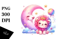 Smiling Cute Lion with Pink-ish Moon PNG Product Image 1