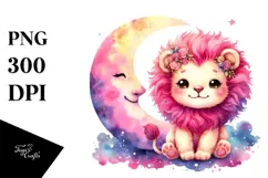 Smiling Cute Lion with Pink-ish Moon PNG Product Image 1