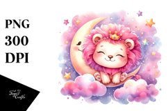 Smiling Cute Lion with Pink-ish Moon PNG Product Image 1