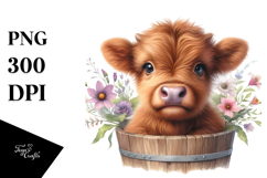 Cute Baby Highland Cow Bucket Sunflower PNG Product Image 1