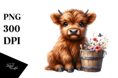 Cute Baby Highland Cow Bucket Sunflower PNG Product Image 1