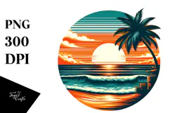 Retro Tropical Beach Sunset Clipart, PNG Design Product Image 1