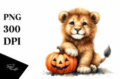 Cute Baby Lion Holding Pumpkin PNG Product Image 1