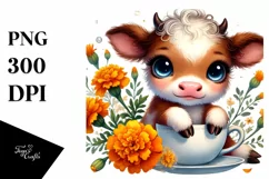 Cute Baby Highland Cow with Marigold, Transparent PNG Product Image 1