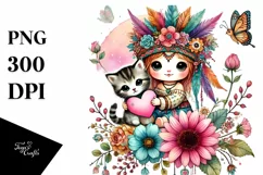 Cute Boho Baby Cat Heart PNG Product Image 1