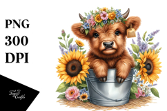 Cute Baby Highland Cow Bucket Sunflower PNG Product Image 1