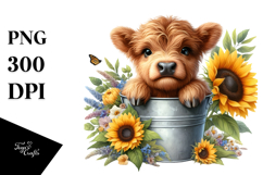 Cute Baby Highland Cow Bucket Sunflower PNG Product Image 1