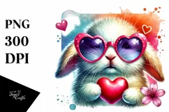 Easter Bunny with Heart Sunglasses in Watercolor PNG Product Image 1
