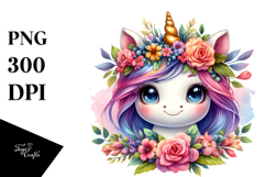 Watercolor Vibrant Unicorn with Floral Wreath PNG Product Image 1