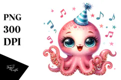 Cute Baby Octopus with Party Hat PNG Product Image 1