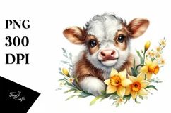 Smiling Baby Highland Cow with Daffodil Product Image 1