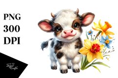 Cute Baby Cow with Daffodil Floral Ornament, Transparent PNG Product Image 1
