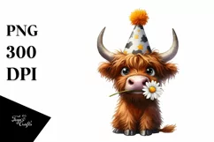 Party Hat Highland Cow with Daisy in Mouth | Clipart Product Image 3