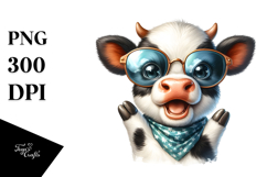 Baby Cow with Sunglasses, Watercolor Design PNG Product Image 1