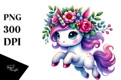 Cute Unicorn with Floral Wreath, Vibrant PNG Product Image 1