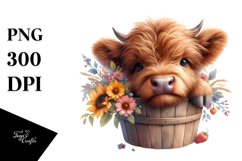 Cute Baby Highland Cow in Wood Bucket PNG Product Image 1
