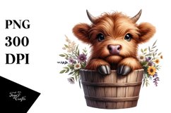 Cute Baby Highland Cow in Wood Bucket PNG Product Image 1