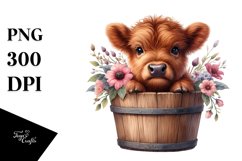 Cute Baby Highland Cow in Wood Bucket PNG Product Image 3